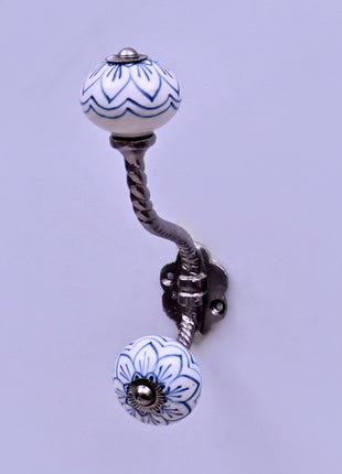 Light Blue Design on White Base Ceramic Knob With Metal Wall Hanger