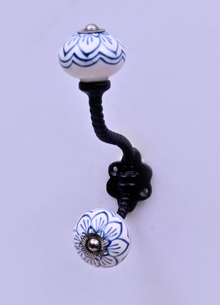 Light Blue Design on White Base Ceramic Knob With Metal Wall Hanger