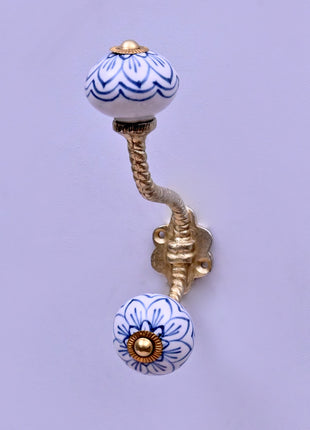 Light Blue Design on White Base Ceramic Knob With Metal Wall Hanger