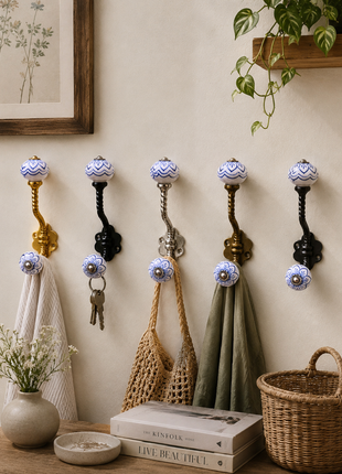 Light Blue Design on White Base Ceramic Knob With Metal Wall Hanger