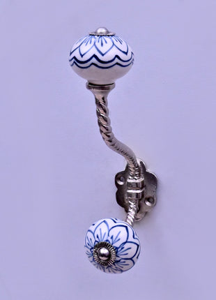 Light Blue Design on White Base Ceramic Knob With Metal Wall Hanger