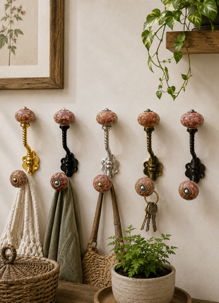 Dusty Rose Terracotta Speckled Ceramic Knob With Metal Wall Hanger