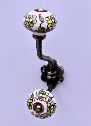 Yellow Flowers On Off White Base Ceramic Knob With Metal Wall Hanger