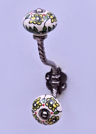 Yellow Flowers On Off White Base Ceramic Knob With Metal Wall Hanger