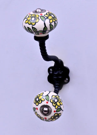 Yellow Flowers On Off White Base Ceramic Knob With Metal Wall Hanger