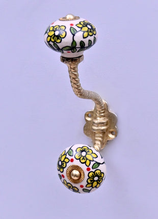 Yellow Flowers On Off White Base Ceramic Knob With Metal Wall Hanger