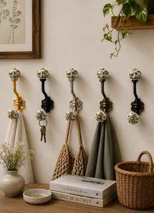 Yellow Flowers On Off White Base Ceramic Knob With Metal Wall Hanger