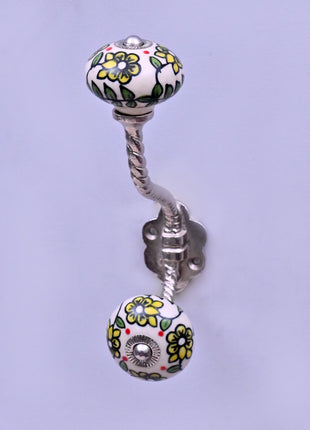 Yellow Flowers On Off White Base Ceramic Knob With Metal Wall Hanger