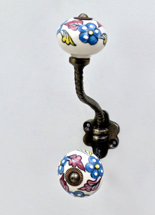 Turquoise Flowers on White Base Ceramic Knob With Metal Wall Hanger