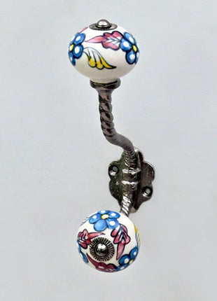 Turquoise Flowers on White Base Ceramic Knob With Metal Wall Hanger