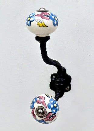 Turquoise Flowers on White Base Ceramic Knob With Metal Wall Hanger