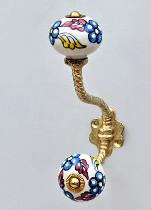 Turquoise Flowers on White Base Ceramic Knob With Metal Wall Hanger