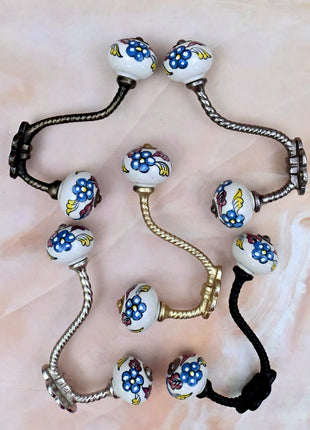 Turquoise Flowers on White Base Ceramic Knob With Metal Wall Hanger