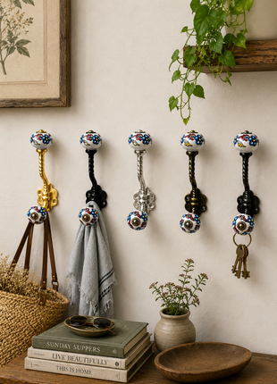 Turquoise Flowers on White Base Ceramic Knob With Metal Wall Hanger