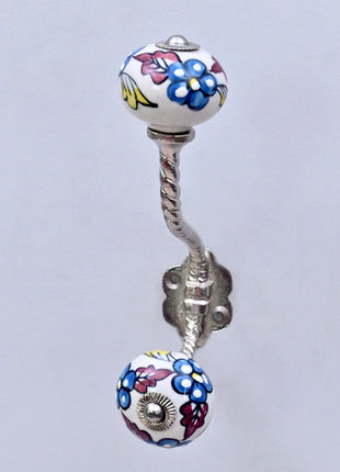 Turquoise Flowers on White Base Ceramic Knob With Metal Wall Hanger