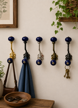 Dark Blue Ceramic Knob With Metal Wall Hanger
