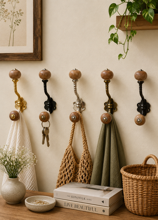 Dark Brown Rustic Ceramic Cabinet Knob With Metal Wall Hanger