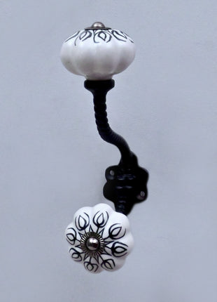 Black Design on White Ceramic Knob With Metal Wall Hanger