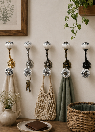 Black Design on White Ceramic Knob With Metal Wall Hanger