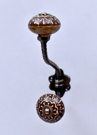 Brown Base Ceramic Knob With Metal Wall Hanger