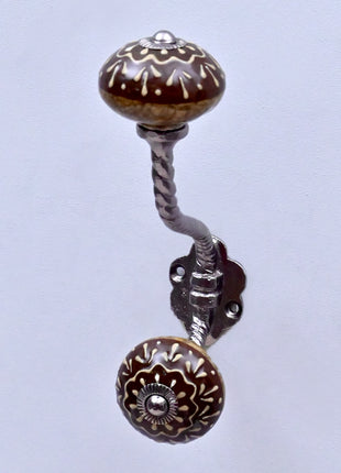 Brown Base Ceramic Knob With Metal Wall Hanger