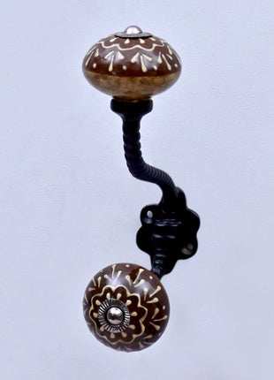 Brown Base Ceramic Knob With Metal Wall Hanger
