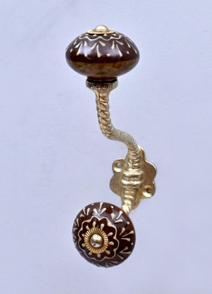 Brown Base Ceramic Knob With Metal Wall Hanger