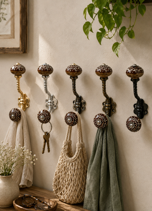 Brown Base Ceramic Knob With Metal Wall Hanger