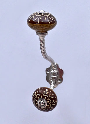 Brown Base Ceramic Knob With Metal Wall Hanger