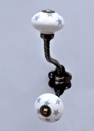 Gray Star on White Ceramic Knob With Metal Wall Hanger