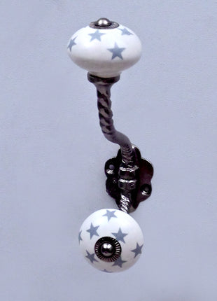 Gray Star on White Ceramic Knob With Metal Wall Hanger