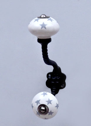 Gray Star on White Ceramic Knob With Metal Wall Hanger