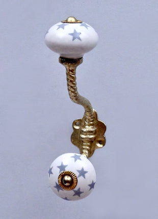 Gray Star on White Ceramic Knob With Metal Wall Hanger