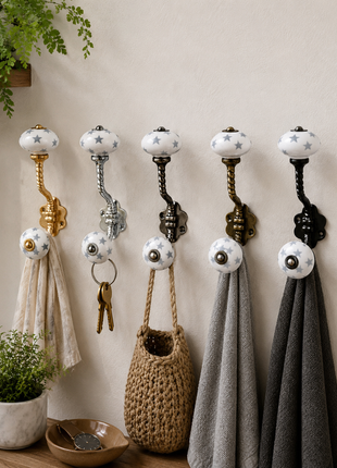 Gray Star on White Ceramic Knob With Metal Wall Hanger