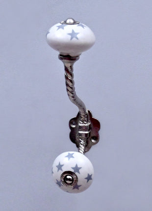 Gray Star on White Ceramic Knob With Metal Wall Hanger