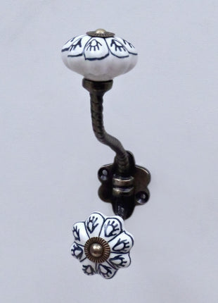 Black Design on White Ceramic Knob With Metal Wall Hanger