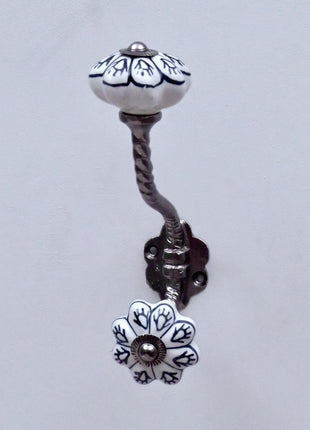 Black Design on White Ceramic Knob With Metal Wall Hanger