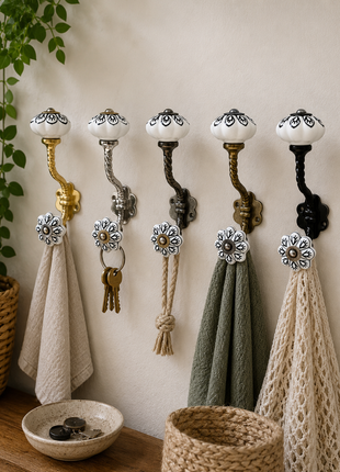 Black Design on White Ceramic Knob With Metal Wall Hanger