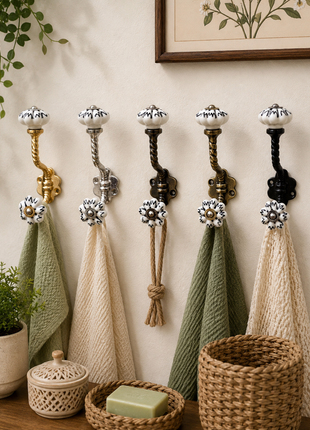 Black Design on Off White Ceramic Melon Knob With Metal Wall Hanger