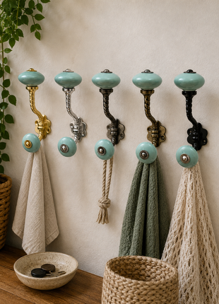 Teal Green Ceramic Knob With Metal Wall Hanger
