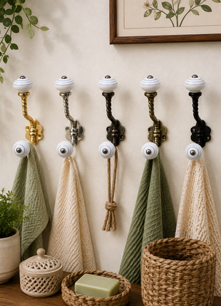 Gray Round on White Ceramic Knob With Metal Wall Hanger