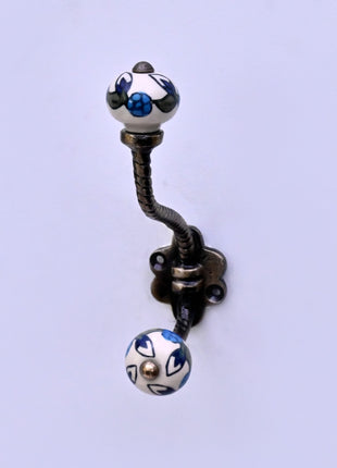 Blue Leaf on White Ceramic Knob With Metal Wall Hanger
