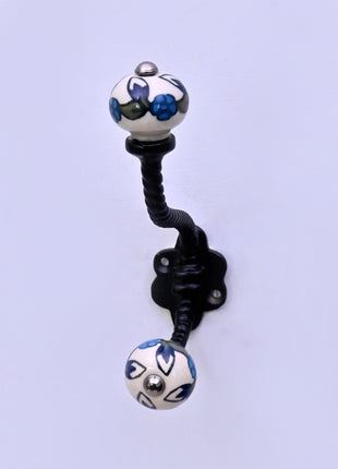 Blue Leaf on White Ceramic Knob With Metal Wall Hanger