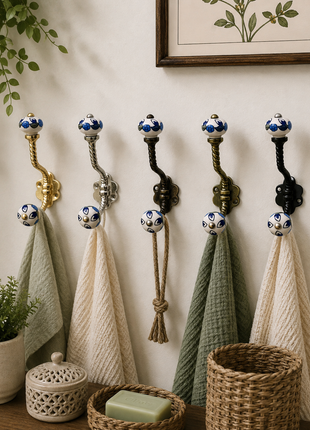 Blue Leaf on White Ceramic Knob With Metal Wall Hanger