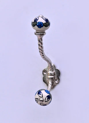 Blue Leaf on White Ceramic Knob With Metal Wall Hanger