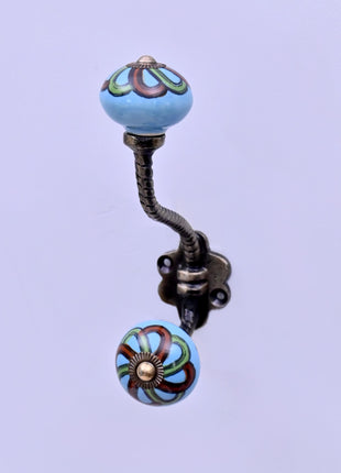 Green,Red Design on Turquoise Base Ceramic Knob With Metal Wall Hanger