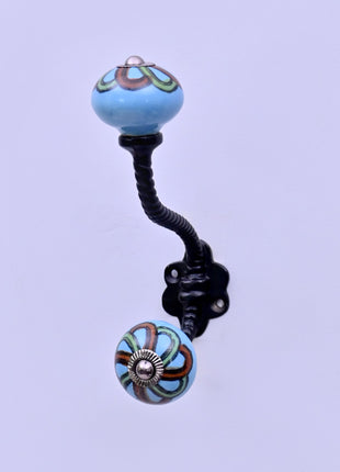 Green,Red Design on Turquoise Base Ceramic Knob With Metal Wall Hanger