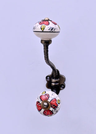 Red Floral & Yellow Accent Pattern Ceramic Knob With Metal Wall Hanger