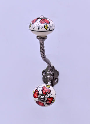Red Floral & Yellow Accent Pattern Ceramic Knob With Metal Wall Hanger