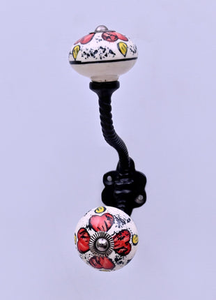 Red Floral & Yellow Accent Pattern Ceramic Knob With Metal Wall Hanger